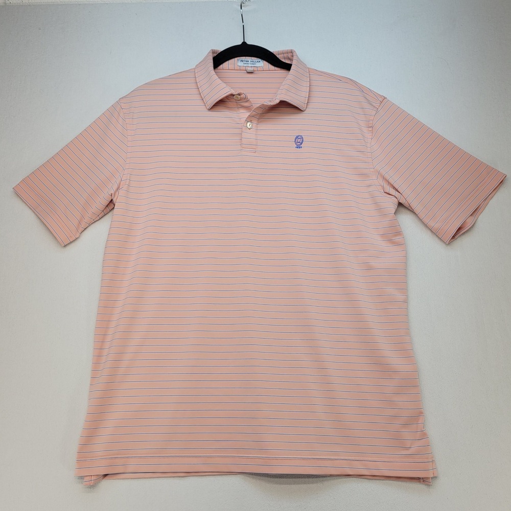 Peter Millar Polo Shirt Mens XL‎ Peach Blue Striped Performance Summer Comfort